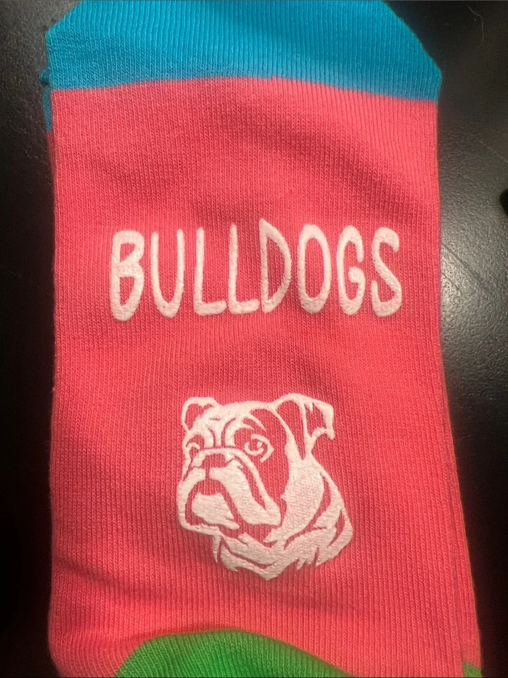 Bulldog Pattern Crew Socks - Pink, Blue and yellow Trim.